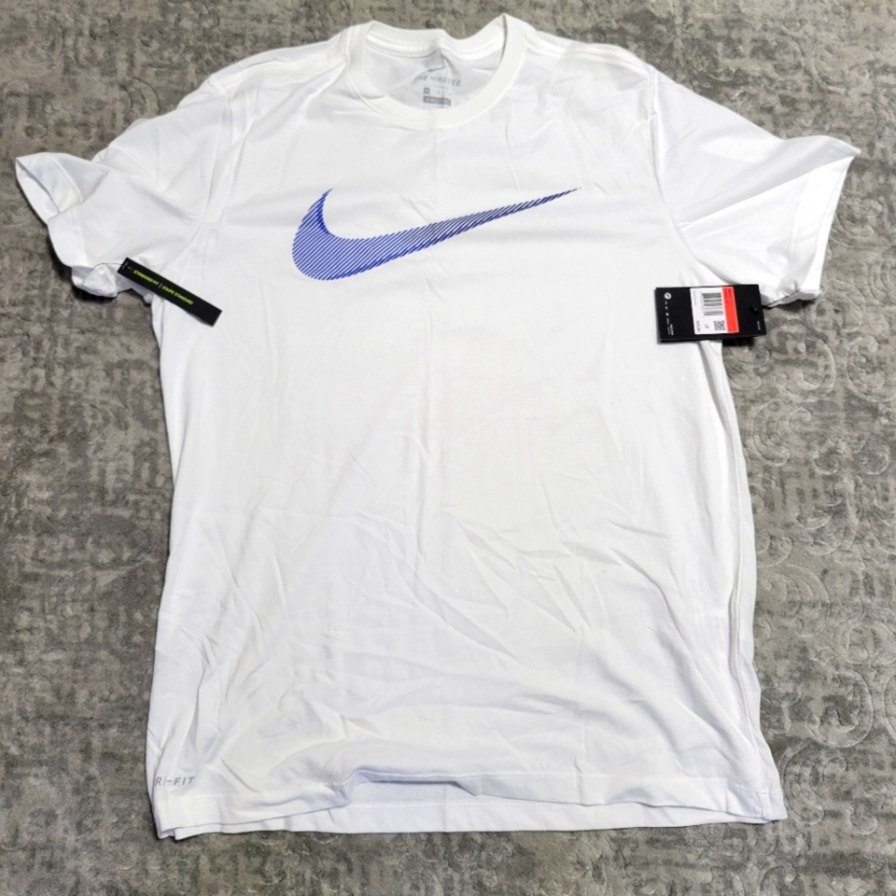 Nike Men's White Tee with Blue Swoosh